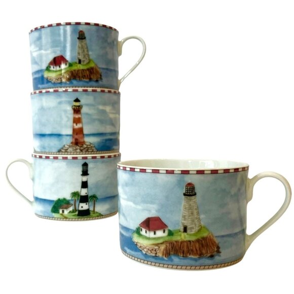 SET 4) VTG Lighthouse Ocean Nautical Mugs/ Cups -American Atelier Signals 5100 - Picture 1 of 15